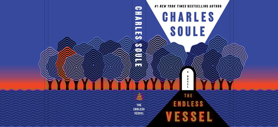 full book cover (front and back, with flaps) of The Endless Vessel by Charles Soule, featuring weird stylized trees against a blue sky tinged with red at the bottom, plus a stylized "ground." The trees and the ground are textured using wavy lines