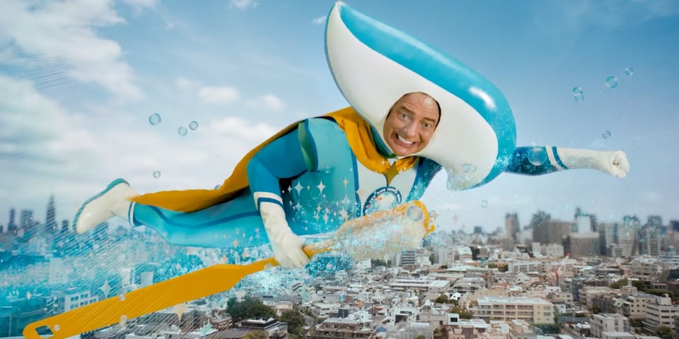 Brendan Fraser flies through the skies as a toothpaste mascot.