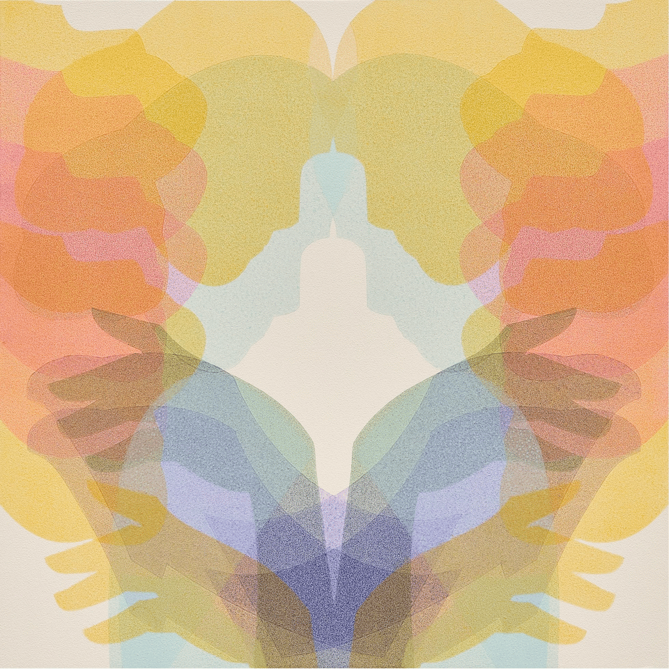 A painting that depicts several body parts of a woman — the head and face, the hands, entirely and profile, as if it were a shadow on the wall. It has a groovy, 1970s vibe to it. There are multiple layers of these images in different colors, overlay on each other, symmetrical on the left and right side of the painting. The colors are yellow, orange, red, blue and purple.