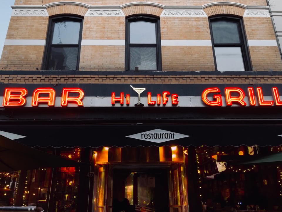 Neon sign for Hi-Life Bar & Grill on the Upper West Side, New York City