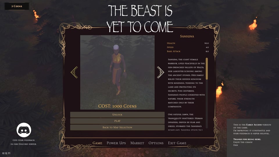 Screenshot of the game, showing the giantess costing 1000 coins. The polygonal image represents a woman dressed in a skimpy gold bra and loincloth with short white hair.