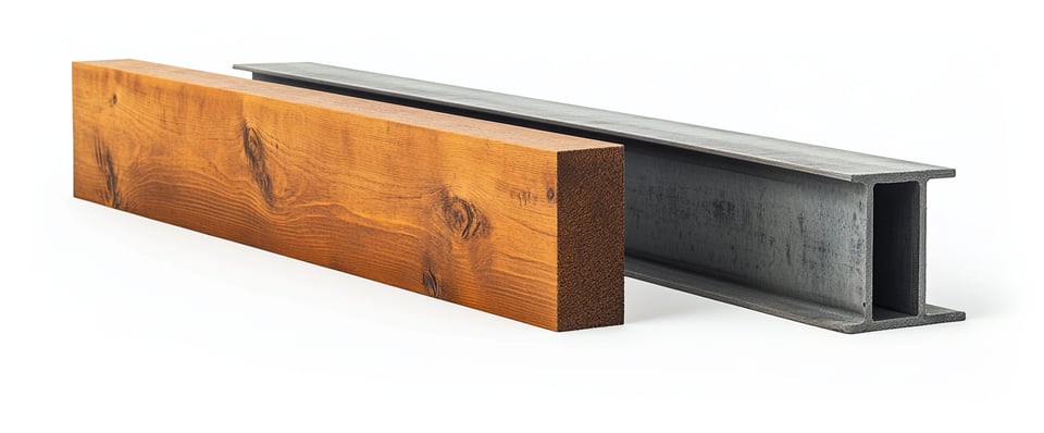 A photo of a long beam of smooth wood next to a steel girder of the same size. They are on a white blank background