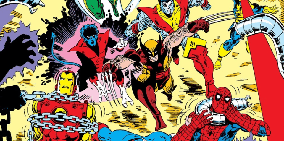 a shot from a Secret Wars comic featuring Wolverine, Colossus and Nightcrawler saving Iron Man and Spider-Man from a few Marvel villains