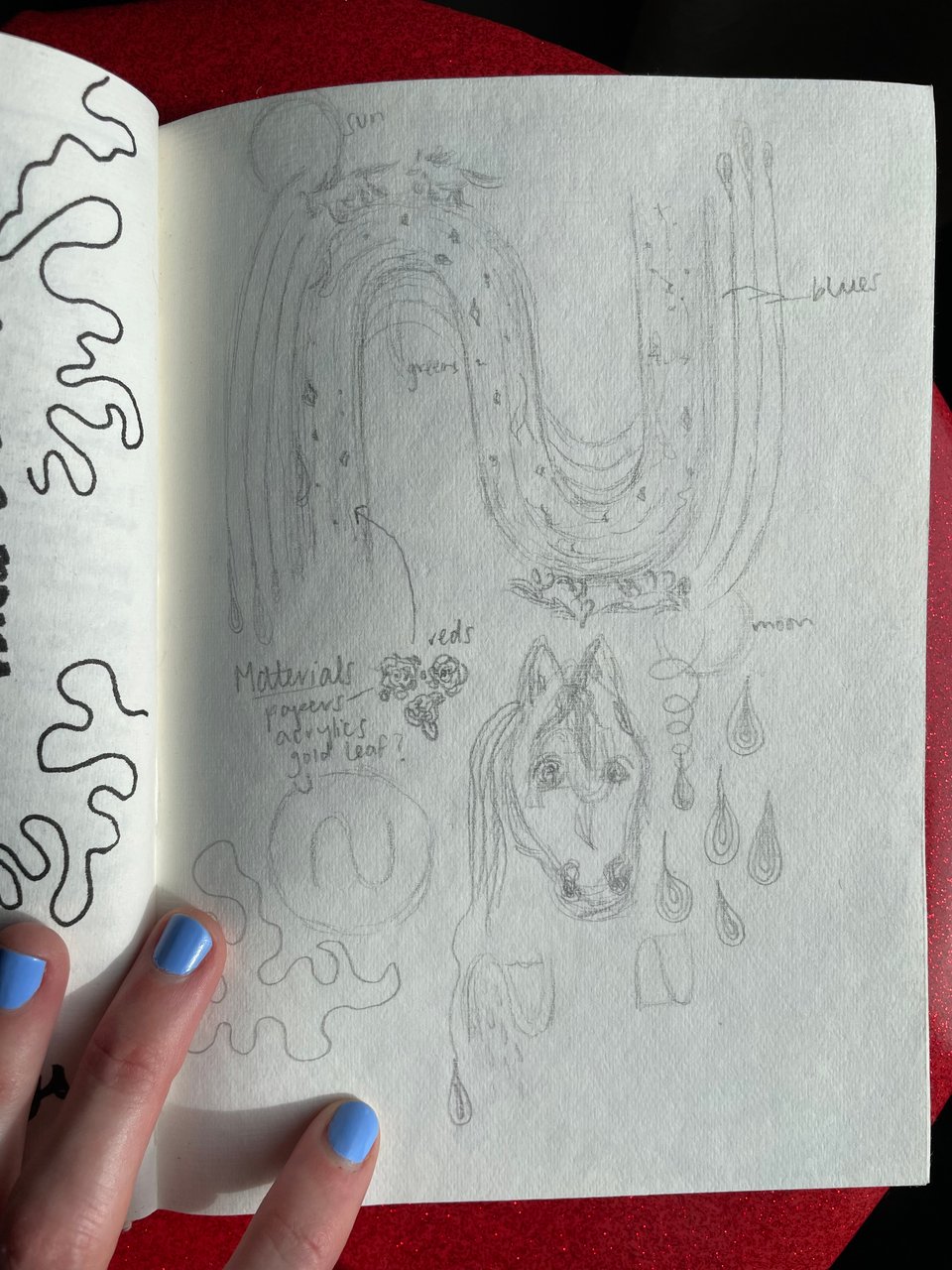 Image of a page from one of my sketchbooks showing the initial sketches for the artwork "Cycles." There is a large sort of N-like swoop, horses throughout, and color scheme and material ideas.