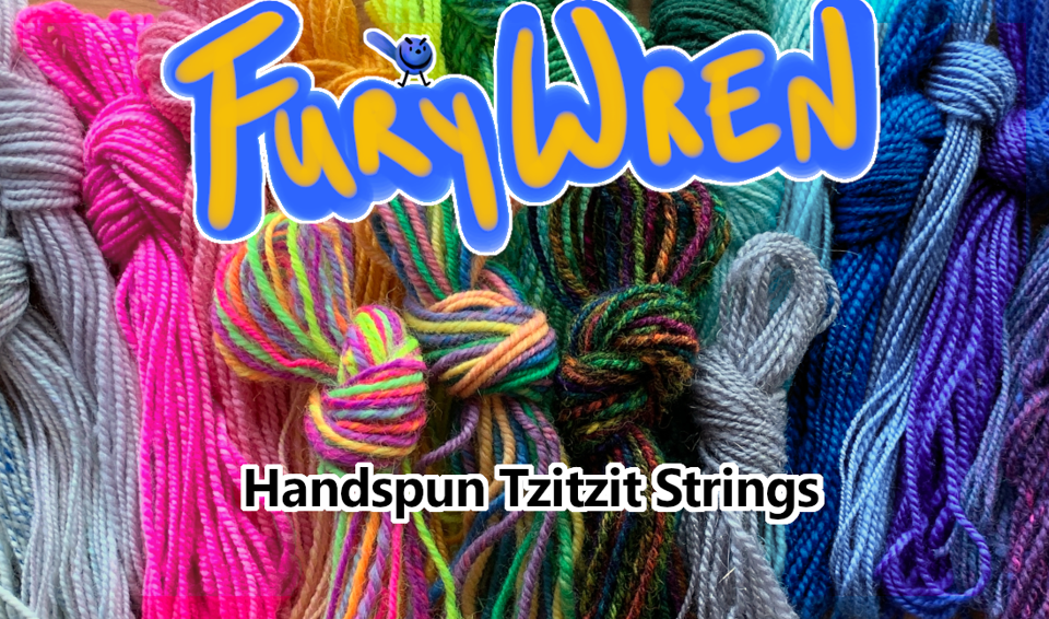 Fury Wren business card, with bundles of colorful string. the text reads "Handspun Tzitzit Strings".
