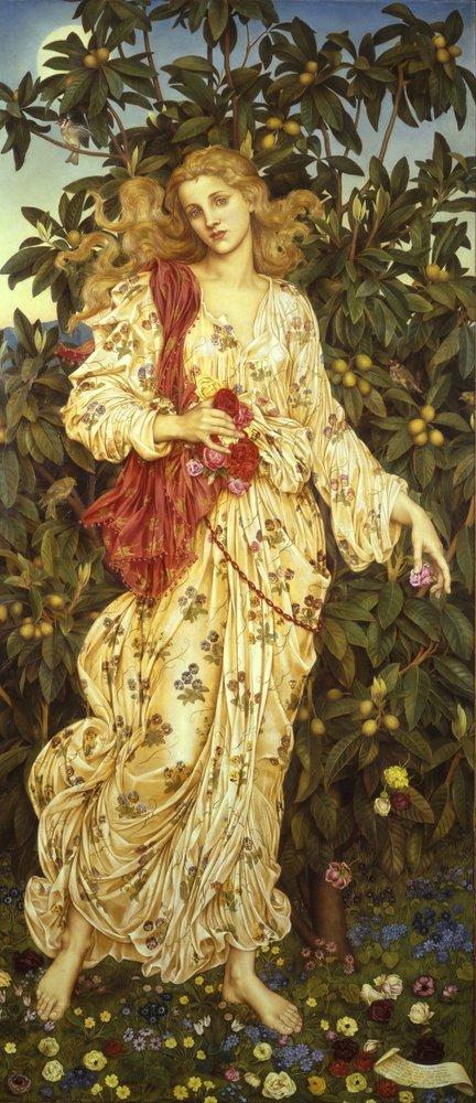 Un portrait d'une dam qui ceuille des poires en robe blanche