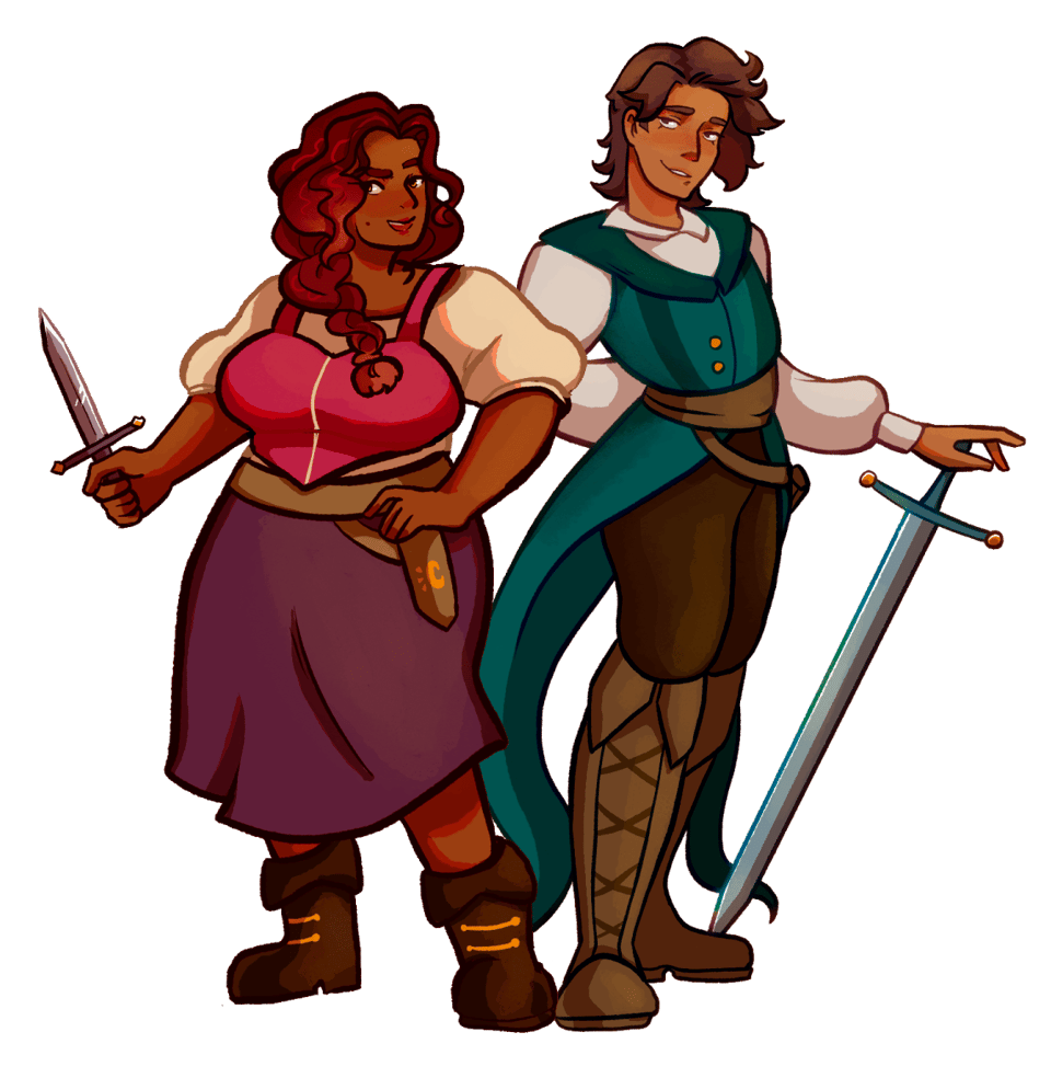 ALT TEXT: Heroes Charlott and Etude stand back to back with dagger and sword (respectively), looking cheerful and brave, in medieval European garb