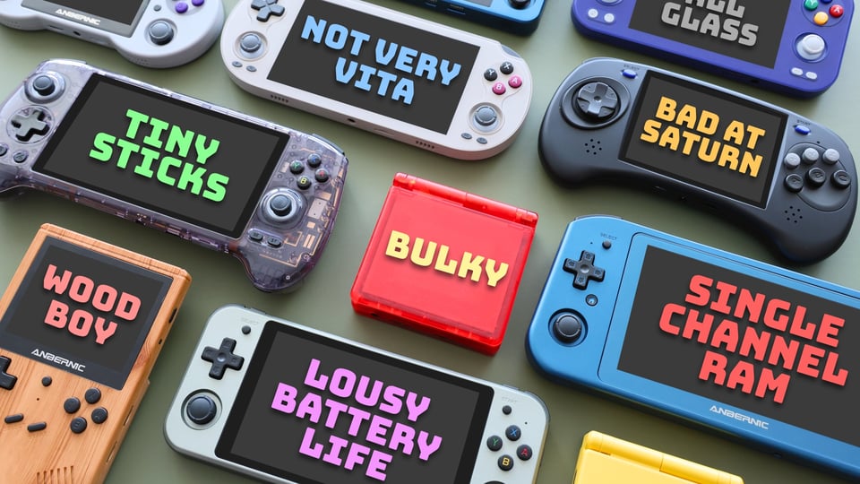 A collection of Anbernic handhelds with their biggest missteps listed on each screen