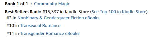 Screenshot of rank on Amazon: #2 in Nonbinary & Genderqueer Fiction, #10 in Transexual Romance, #11 in Transgender Romance