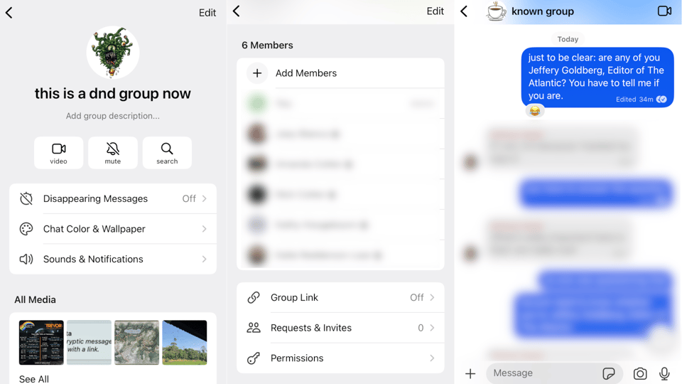 Three screenshots of Signal showing how to find Jeffery Goldberg, Editor of the Atlantic
