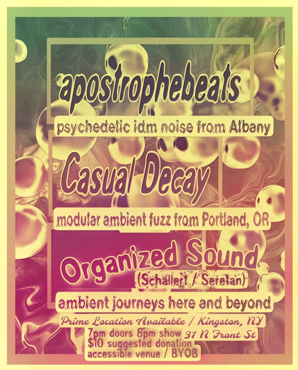 a rainbow gradient background of bubbles and swirls advertising a gig in Kingston on Monday