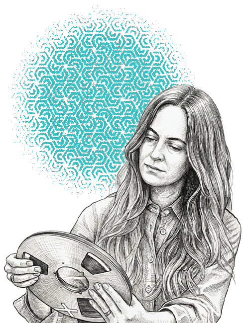 Yasmin holds an analog tape reel