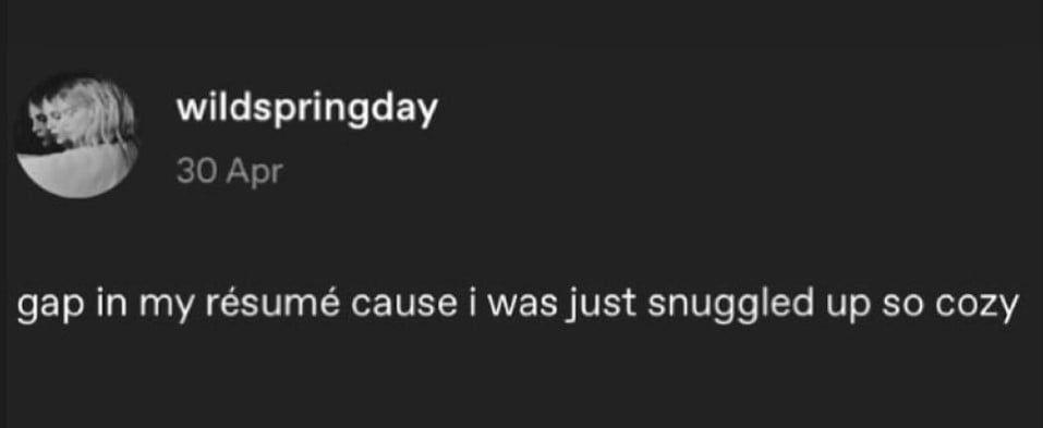 tumblr screenshot. wildspringday: gap in my resume cause i was just snuggled up so cozy