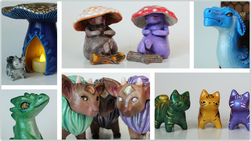 a collage of figurines. Left to right, top to bottom, the images are showing a painted mushroom tea light holder sitting on a white backdrop with an electric tea light inside. The mushroom is blue with a brown top covered in a gradient of metallic brown splotches. a grey tabby tiny cat figurine stands next to it.
The next image in the collage is of two mushroom/mushling figurines, both sitting with their legs crossed on a log and their arms resting on their bellies. The one on the left is brown with red blush, and an orange cap with white splotches. The one on the right has a red cap with white splotches and a purple body with dark pink blush.
next is a closeup of a blue dragon portrait with a stoic expression mounted to a wooden plaque. The dragon has a white underside, and brown eyes.
on the bottom row is full-bodied dragon photographed from the shoulders up, painted light green with a yellow eye.
Next is a photo of three fantasy bull calves with lion manes. All of them are brown with golden gems in their foreheads, and left to right, their manes are light green, black, and light purple.
last is a photo of three tiny cat figurines painted metallic green with gold stripes, orange with black stripes, and purple with white stripes.
the shop name, the beast boutique, watermarks the images.