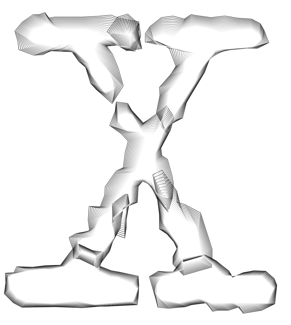 Outlines of weight interpolations of latin capital letter X, set in LTR NCND.