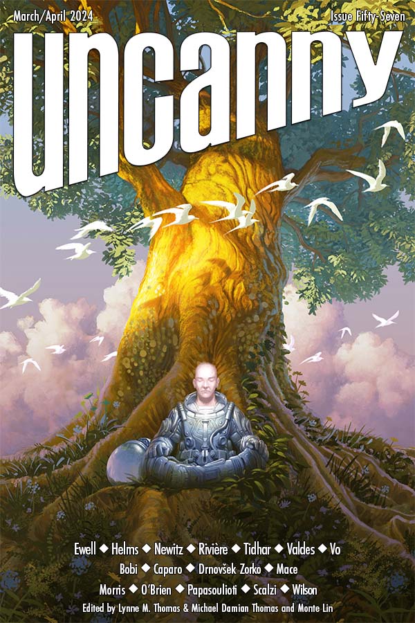 Cover of the March/April issue of Uncanny Magazine, showing a futuristic-looking astronaut figure with helmet removed as they sit at the roots of a large tree, some white birds flying overhead.