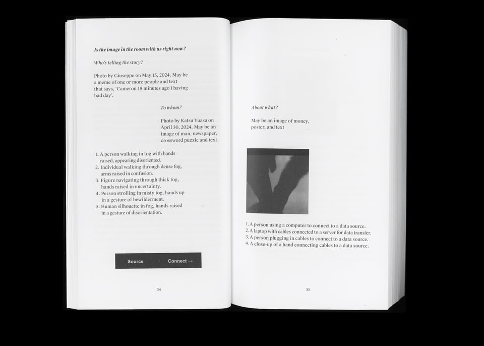 Fragments of text laid out in a shifting structure down the page, and a small, shadowy, abstract black and white image.