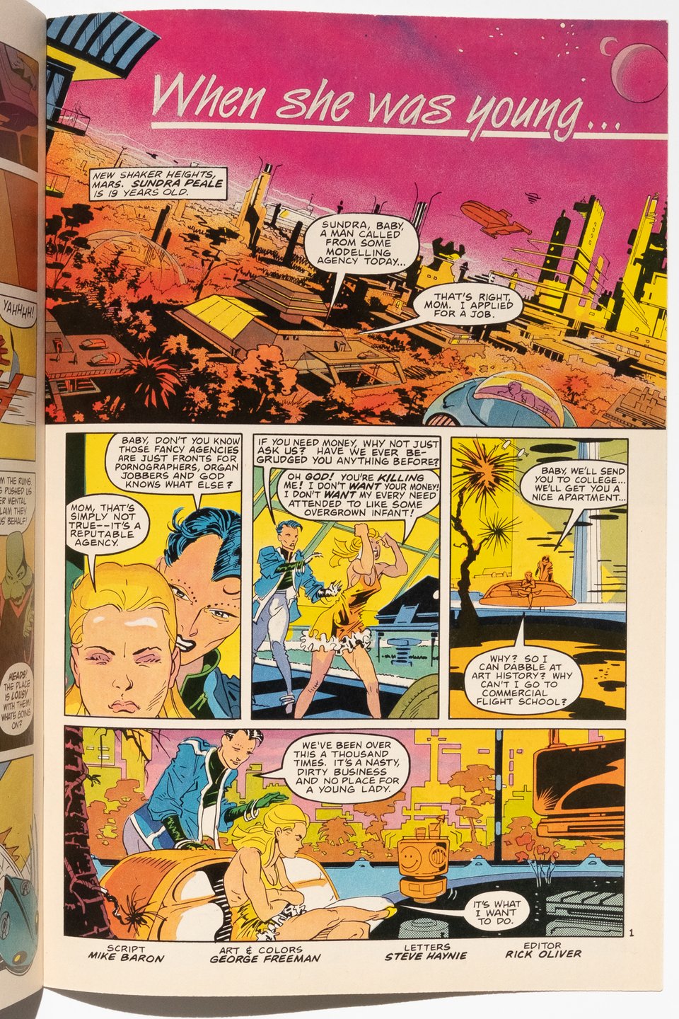 a backup page from Nexus illustrated by George Freeman. The palette is dominated by vibrant magentas, yellows and oranges
