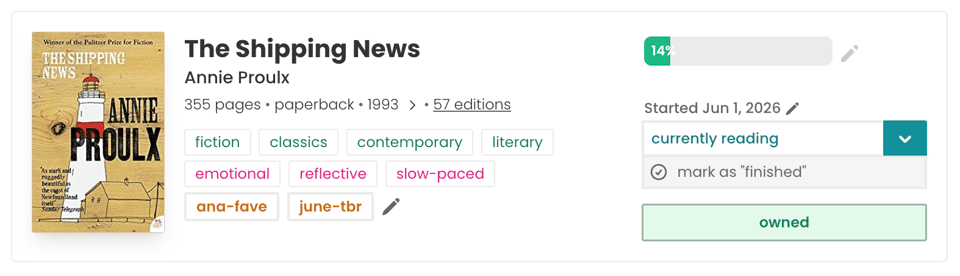 Screenshot of a StoryGraph book card for “The Shipping News” by Annie Proulx. The card shows the cover, metadata reading “355 pages • paperback • 1993 • 57 editions,” and tags: fiction, classics, contemporary, literary, emotional, reflective, slow-paced, ana-fave, and june-tbr. On the right, the book is marked as 14% complete, started Jun 1, 2026, currently reading, and owned.