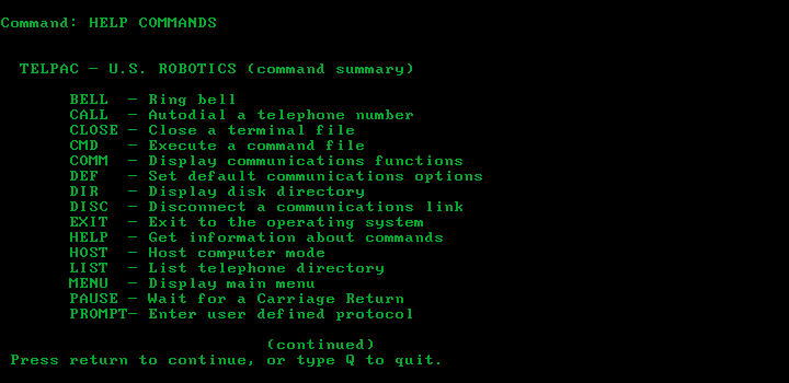 A list of Telpac's available commands on a text-based terminal screen