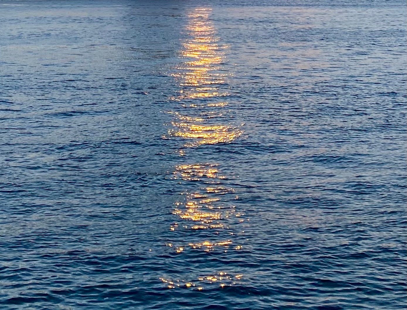 The sun reflects off a sign and the light slinks a warm orange shadow down the middle of the Hudson.