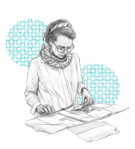a pencil sketch of the conservator looking at paper