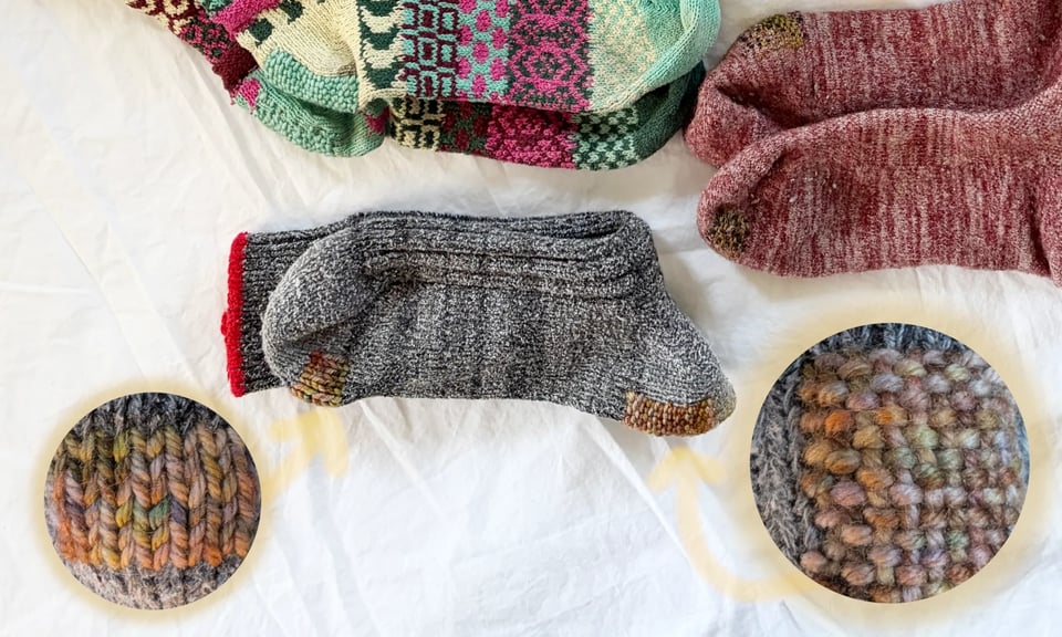 5 thick socks on a white bedspread, all mended with varying darning techniques. There are zoomed-in close-ups of 2 of the mends, one of a Swiss darn, and one of a woven darn.