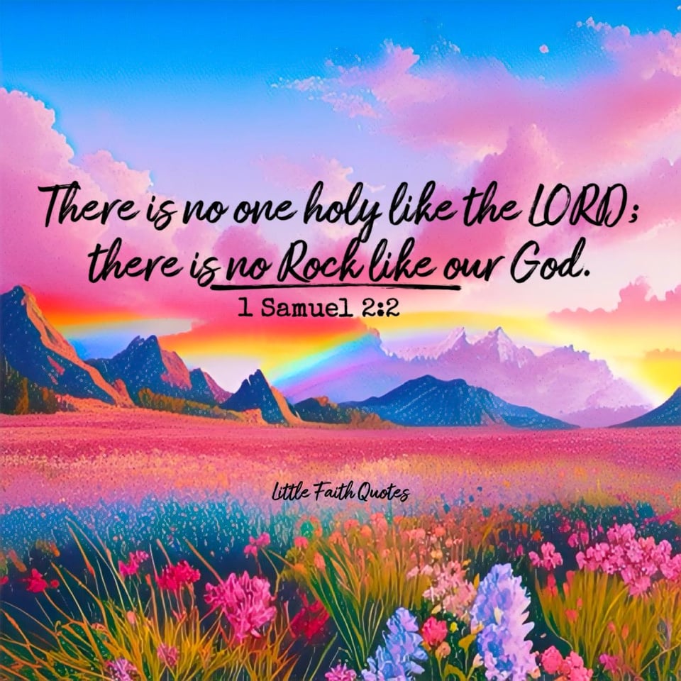 “There is no one holy like the LORD; there is no one besides you; there is no Rock like our God." ~1 Samuel 2:2. The sun sets over a beautiful mountain range. A meadow of pink and lavender flowers spans as far as the eye can see. Image by: @Little Faith Quotes.