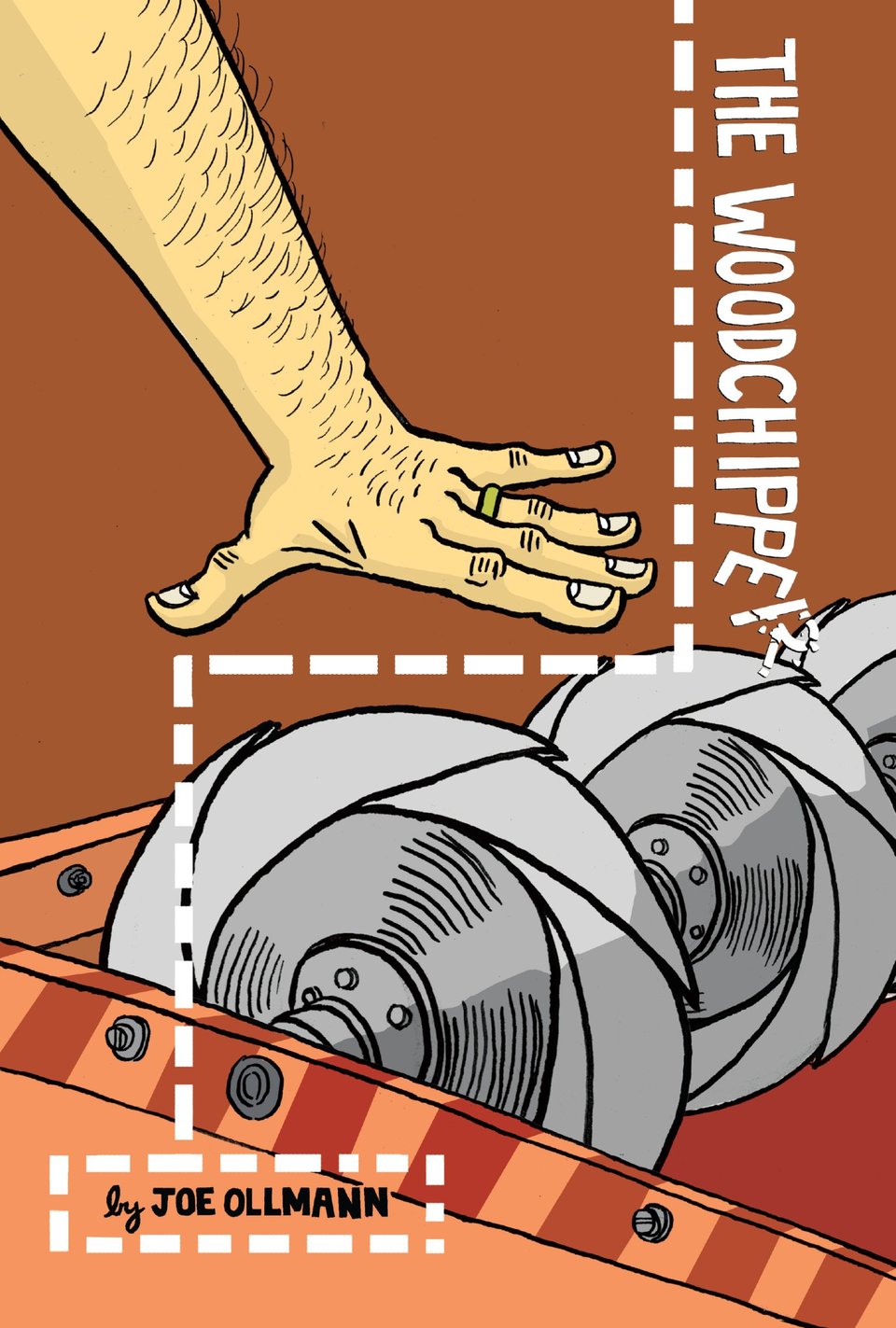 Cover art for Joe Ollmann's "The Woodchipper," in which a hand approaches saw blades.