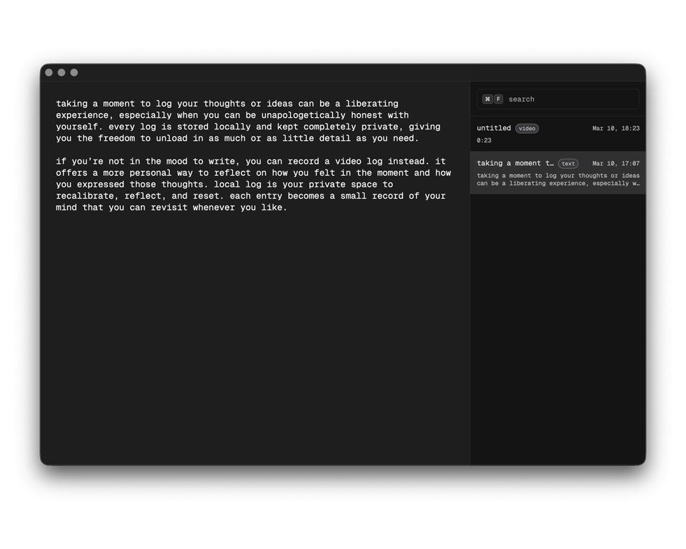 screenshot of locallog macOS app with a text journal entry