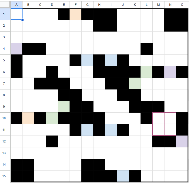 An ugly-looking crossword grid on a spreadsheet.