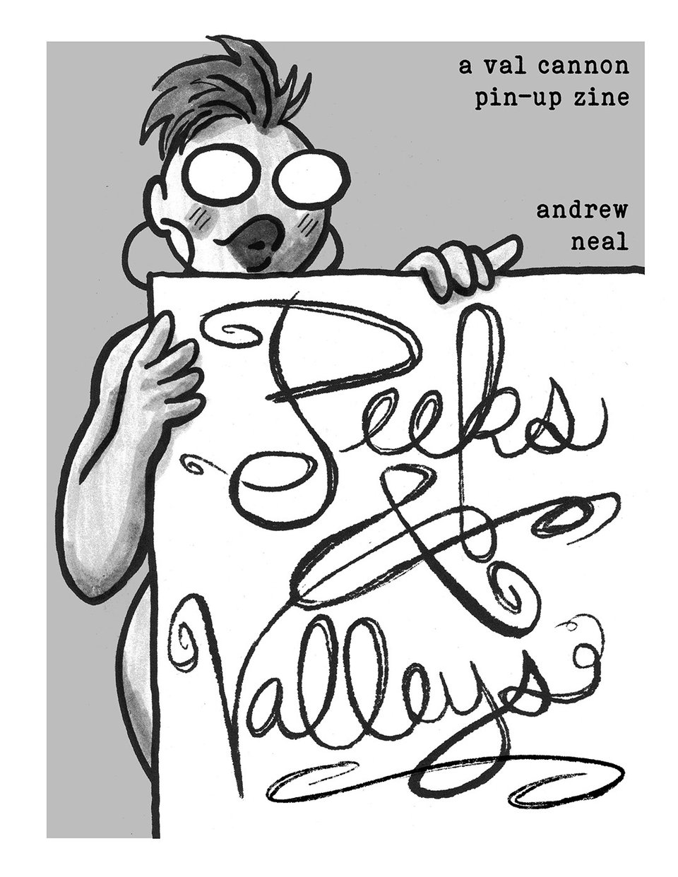 The cover to PEEKS AND VALLEYS, featuring Val peeking from behind the title