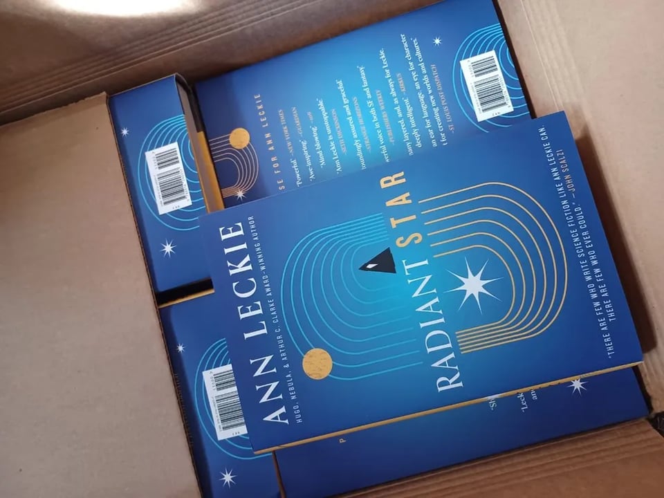 An open box of finished copies of Radiant Star