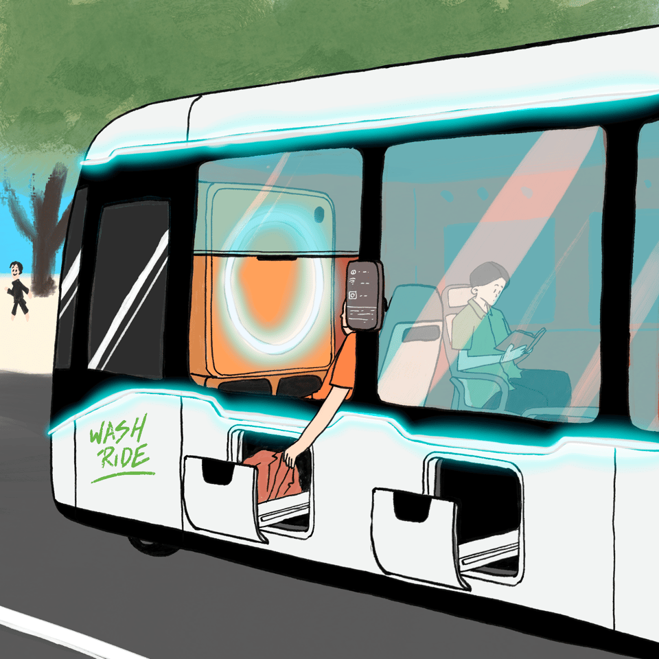 A bus which says WashRide on the side of it is travelling down the road. Inside the bus are a number of people and washing machines. Outside the bus are drawers for drying, one of the passengers has his arm out of the bus putting some washing into the drawer.