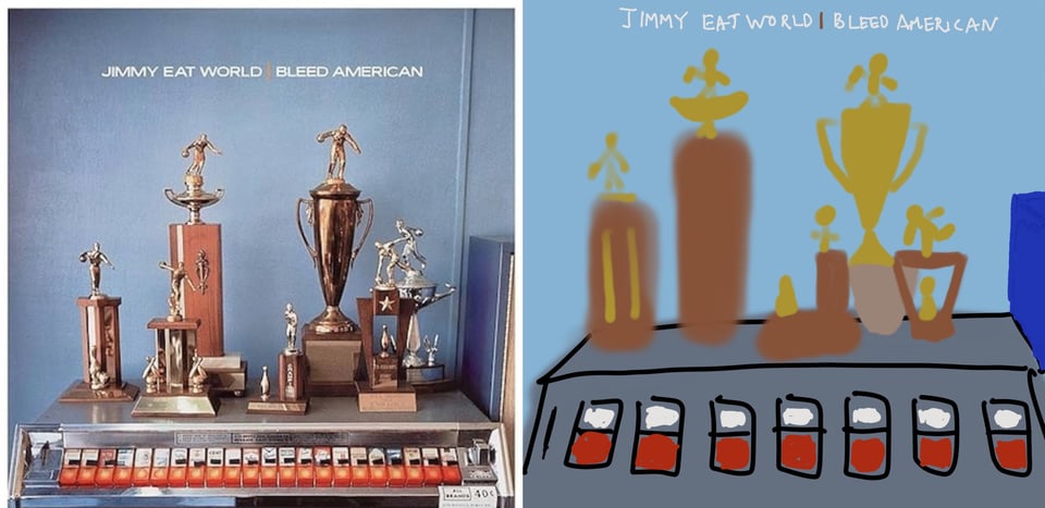 Seven bowling trophies, of varying size, on top of an old cigarette dispensing machine, like you might have found in the 50s or 60s. All that's visible of the machien are a row of buttons along the bottom of the image, with a picture of a cigarette brand on each button. Behind the trophies is a blue wall.