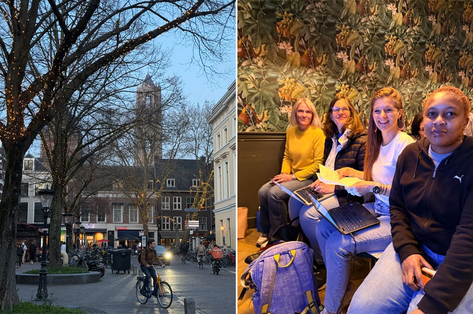 Two photos side by side. Left hand photo shows trees lining an old Dutch street with the Dom Tower in the background. Right hand photo shows four women sitting in a row with two of them with laptops on their laps.