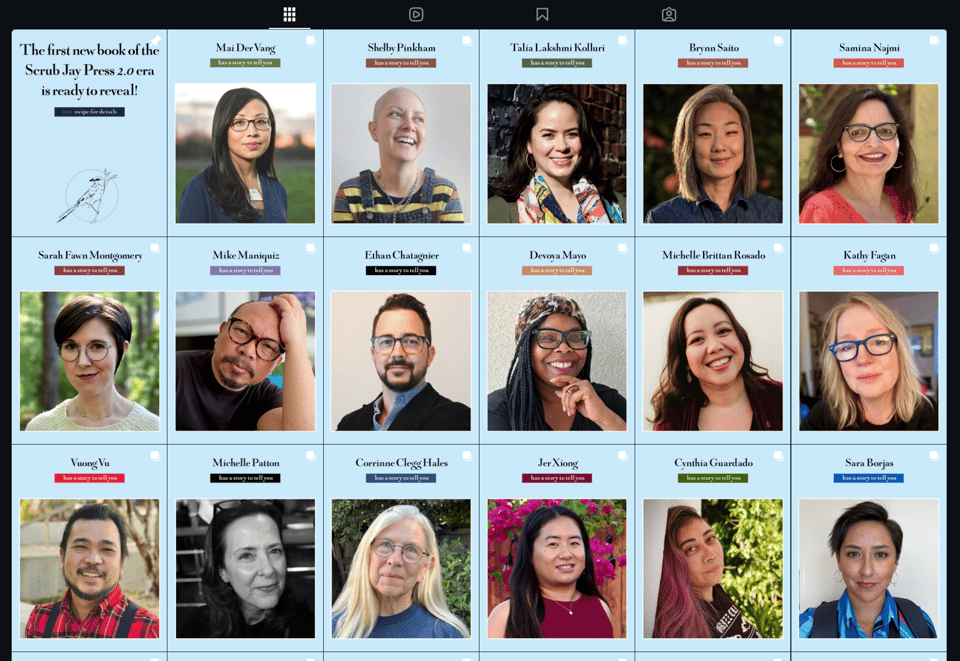 A screenshot from Scrub Jay's Instagram feed, with three rows of smiling faces.