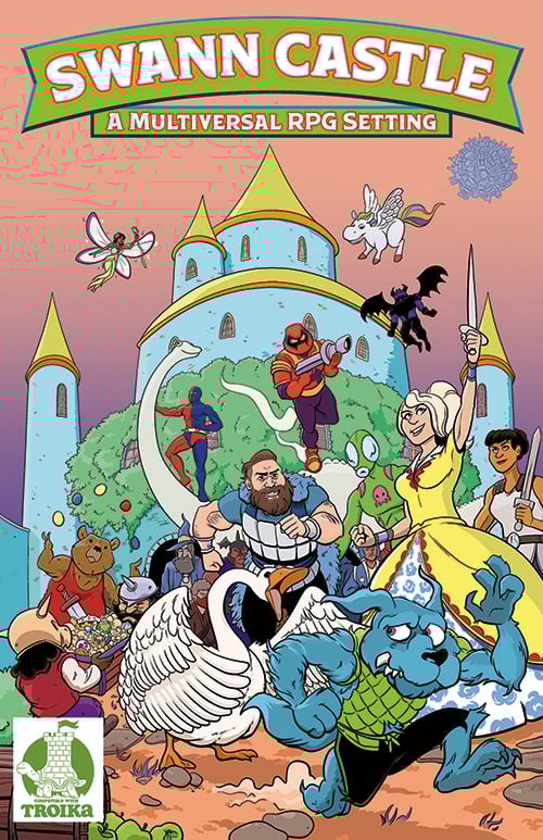 The cover of Swann Castle, featuring a variety of characters standing in front of a castle