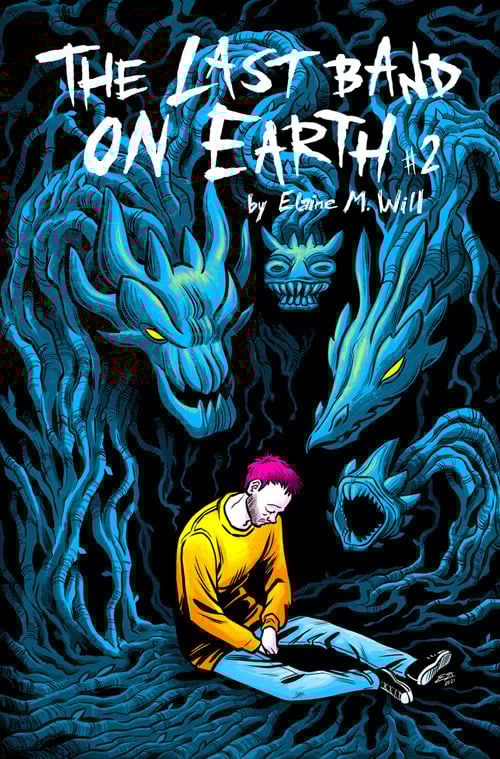 The cover artwork to The Last Band On Earth issue #2. A sad-looking man sits dejected on the floor staring into his lap. He is surrounded by several eldritch beasts whose bodies are composed of coiling vines. The colour palette is entirely Cyan, Magenta, Yellow, Black, and white.