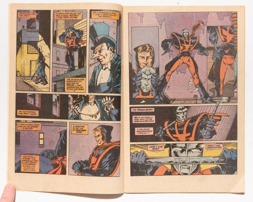 spread from Manhunter showing the Penguin versus Manhunter