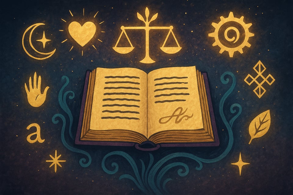 Image of an open book surrounded by symbols, including scales, a heart, leaf, and others.