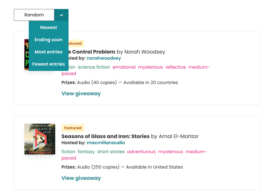 StoryGraph Giveaways page with a sorting dropdown open. Options include Random, Newest, Ending soon, Most entries, and Fewest entries. Below are featured giveaways with book covers, genre tags, prize details, and “View giveaway” links.
