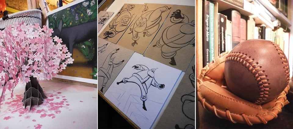 3 Instax images: left, a paper tree with pink leaves; center, a bunch of cartoon action-sketches of Santa Claus; right; a brown baseball in a small mitt