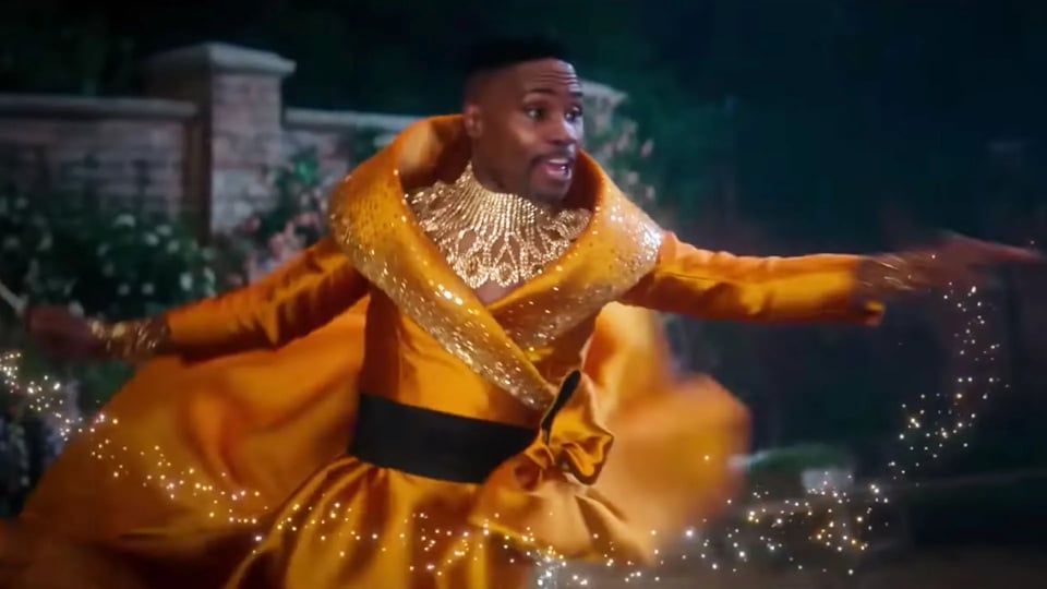 Billy Porter as the fairy godparent in Cinderella, swirling arund in a splendid gold frock, with sparkles going every which way. OMG OMG OMG