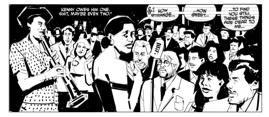 (Black-and-white comic book art. Crowd. Musicians on stage. Lettering is designed to look like sheet music.)