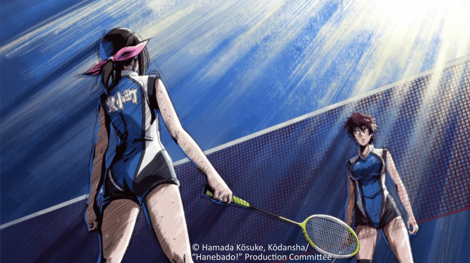 The two main characters, Ayano and Nagisa, face off during the final match in the anime "Hanebado!"