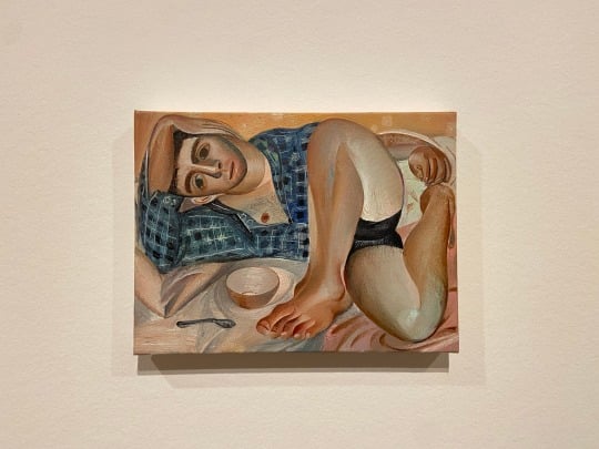 An oil painting of a white man on his side and contorted in a way that resembles an early modernist painting.