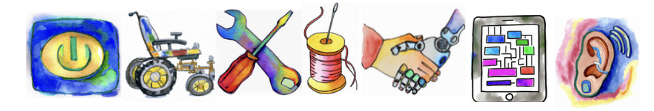 a cute colorful banner of small logos: power button, powerchair, wrench and screwdriver crossed, spool of thread, robot and human handshake, diagram, ear with sound waves