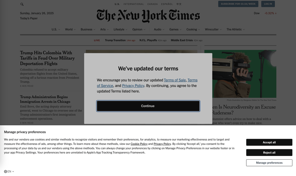 The New York Times home page, featuring a cookie banner I worked on