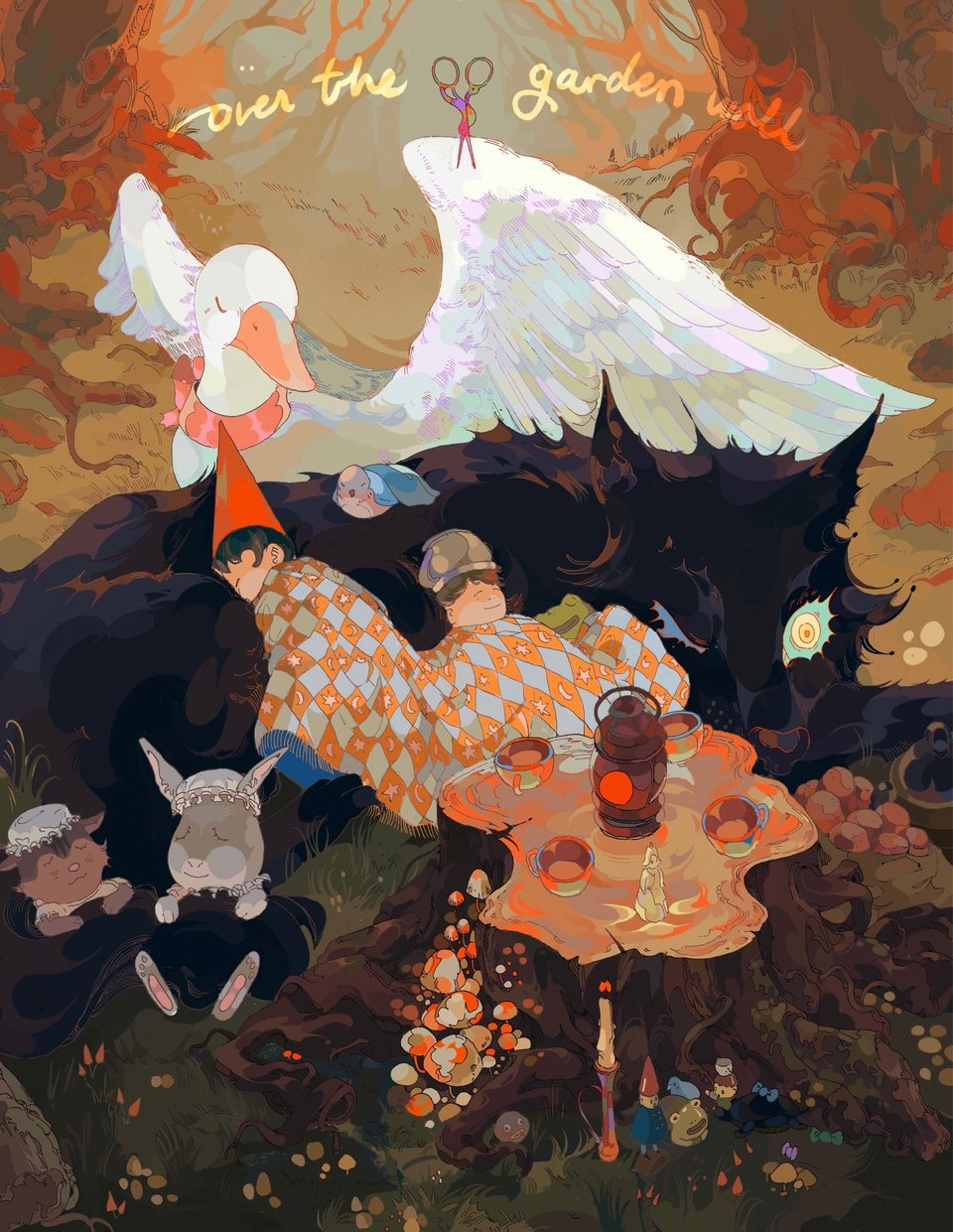 An illustration of characters from Over the Garden Wall, showing them all snoozing happily together in the woods.